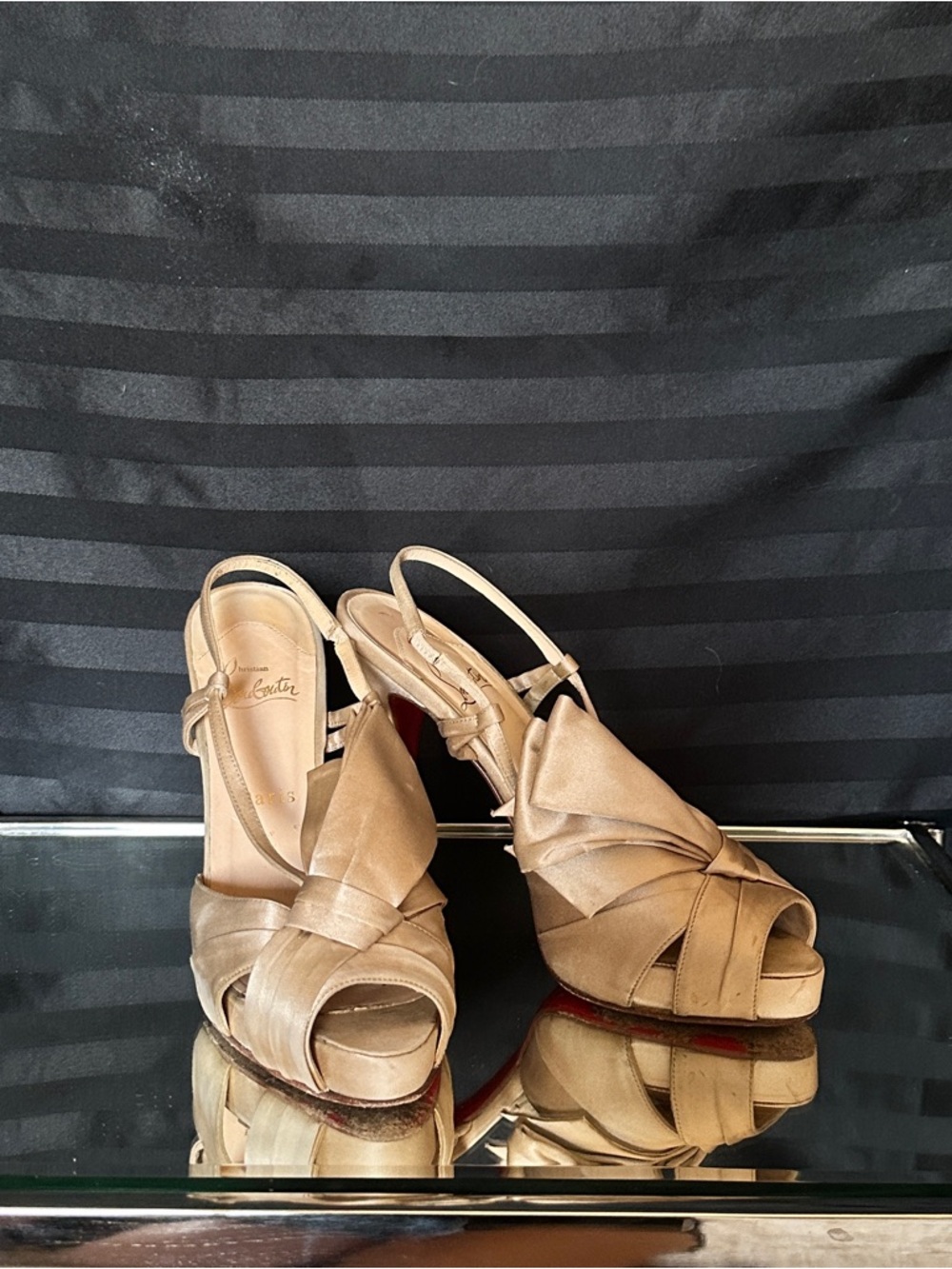 Christian Louboutin Metallic Gold Satin Knotted Peep-Toe Platform Slingbacks